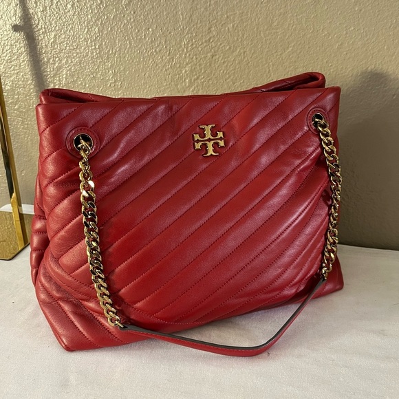 RARE Tory Burch Kira Chevron Tote Red Quilted Lambskin Gold Chain Straps - Picture 11 of 17
